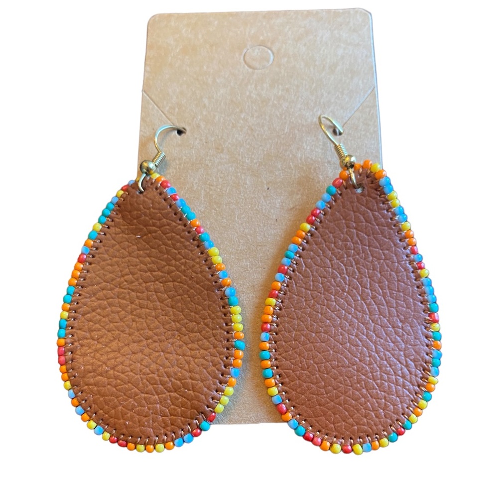 Faux Leather Beaded Teardrop Drop Earrings